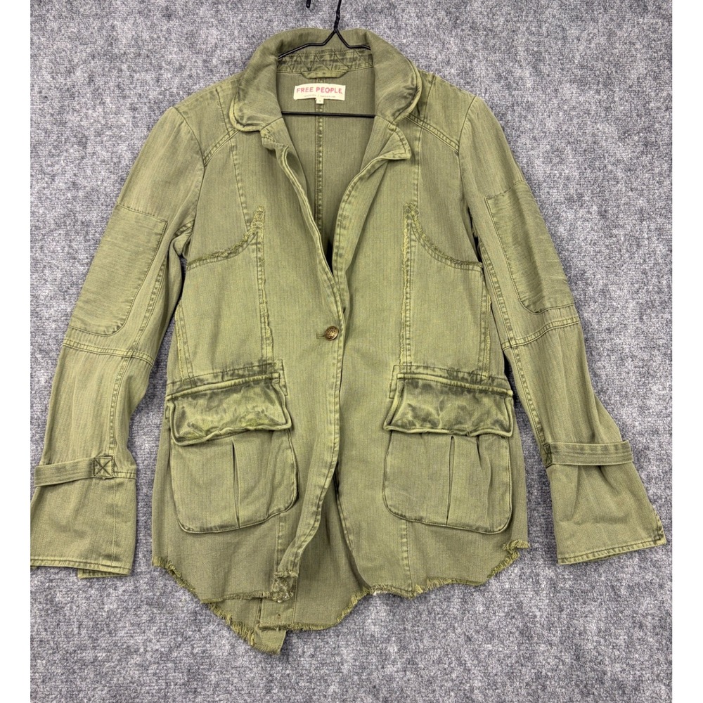 Free People Olive Green Military Utility Jacket Raw Hem Button Back Small